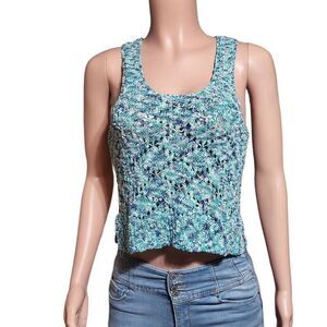 Asymmetrical crew neck water blue sleeveless crochet tank top M